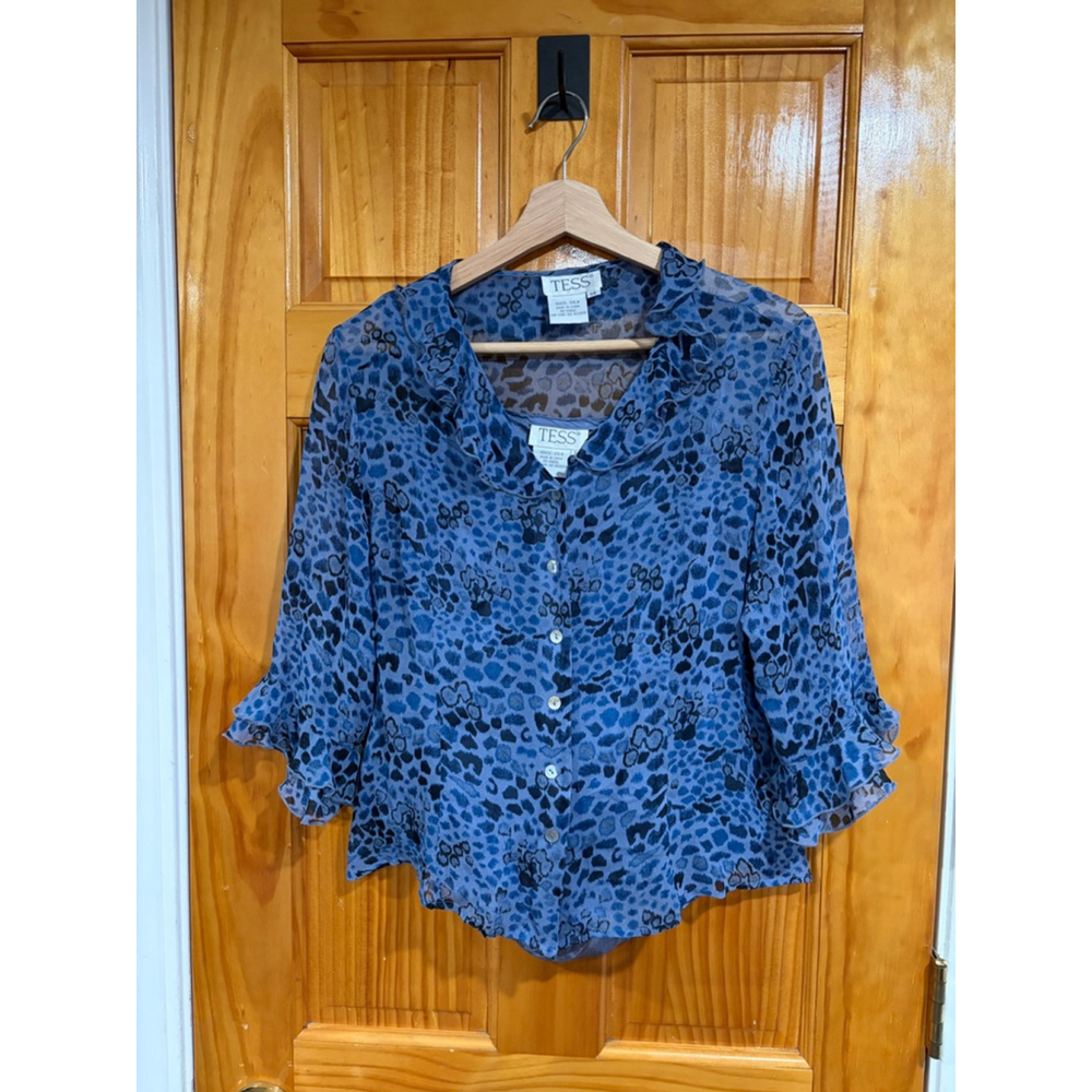 TESS 100% Silk 2 Piece Set Women's 14 Blue Leopard Sheer Blouse & Tank Top